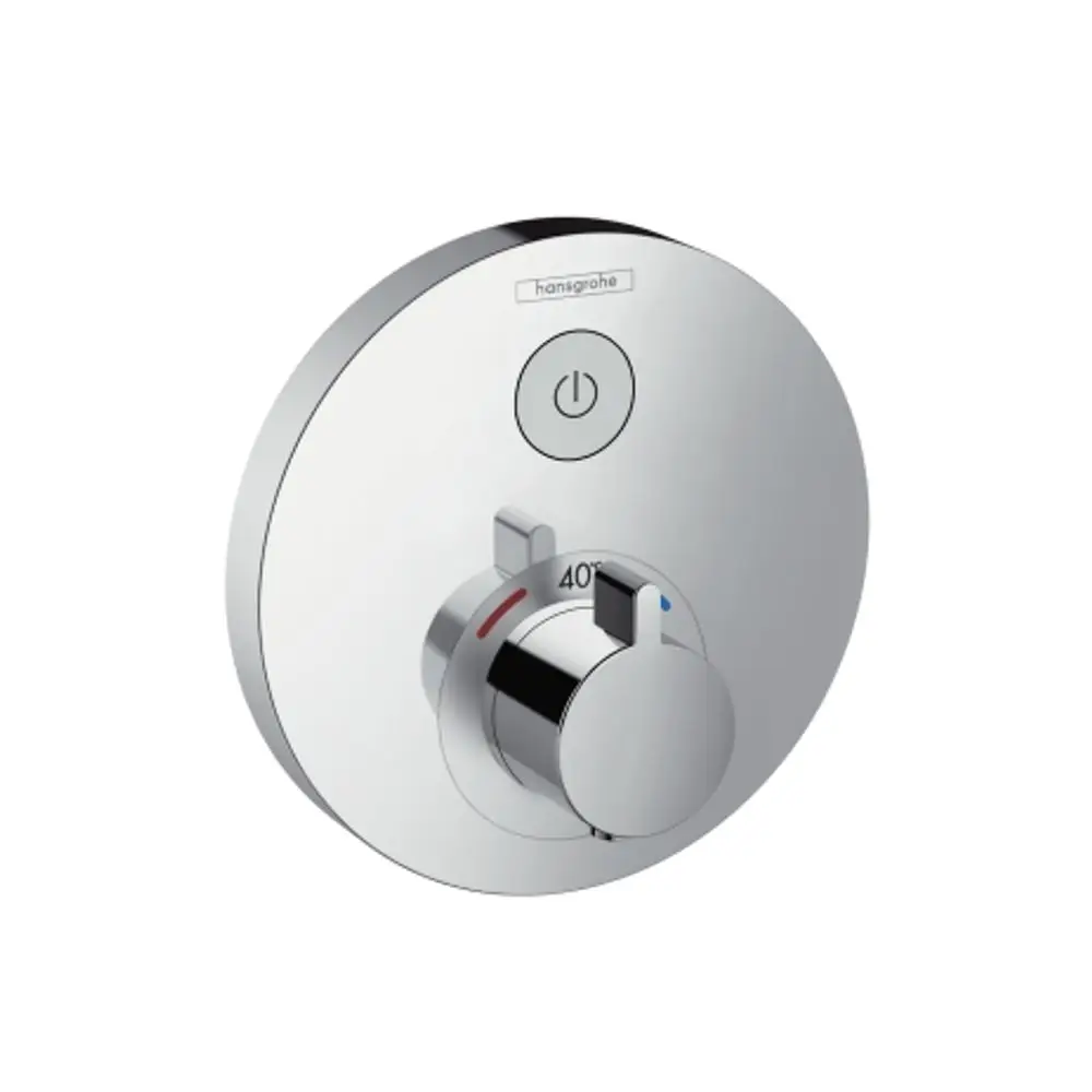 Thermostat von Hansgrohe in Chrom für Unterputzmontage. Der Regler zeigt eine Temperaturanzeige und einen ein/aus-Schalter.